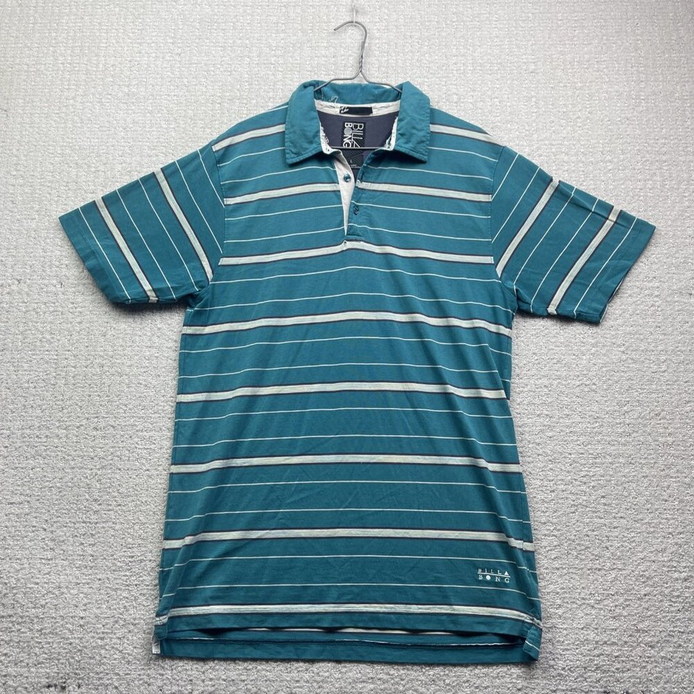 Y2K Billabong Men's Striped Polo Shirt White Blue Size L Surf Skate Style Casual